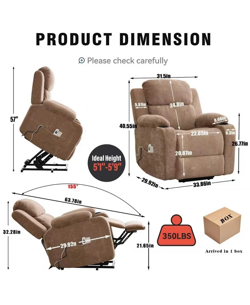 Clihome Up to 350 Lbs Chenille Power Lift Recliner Chair, Heavy Duty Motion Mechanism with 8-Point Vibration Massage and Lumbar Heating
