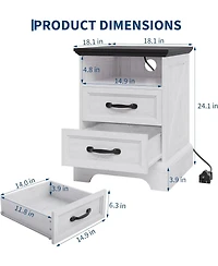 gaomon Farmhouse Nightstand with Charging Station Large Rustic Bedside Table with 2 Drawers & Open Shelf, Usb Ports & Ac Outlets for Bedroom