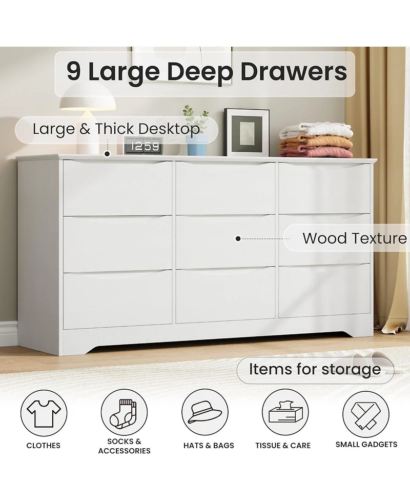 Gaomon Wooden Dresser with 9 Drawers, Tall Modern Closet with Deep Storage, Large Chest of Drawers with Wide Top, Long Storage Dresser for Bedroom
