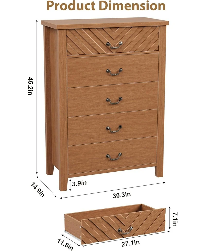 gaomon 5 Drawer Dresser for Bedroom, 5 Chest of Drawers Nightstand with Elegant V Shape Design, Wooden Dresser Organizer for Living Room