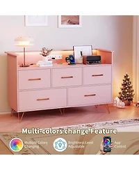 gaomon 5 Drawer Dresser for Bedroom, 47 in Modern Wooden Dresser with Led Lights & Charging Station, Wide Chest of Drawers Storage Organizer, Pink