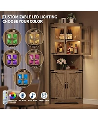 gaomon 67" Farmhouse Wooden Corner Storage Cabinet with Lights & Glass Doors