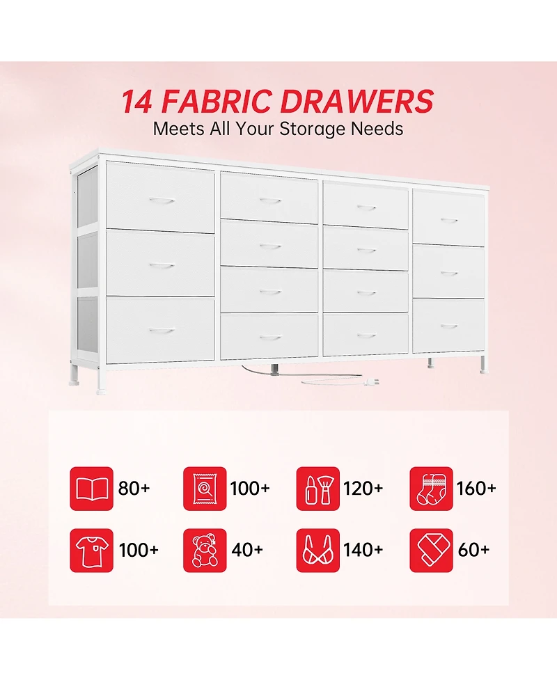 gaomon 63" Black Fabric 14-Drawer Dresser Tv Stand, with Power Outlet for 65-75" TVs