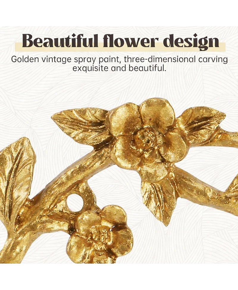 Yigii Vintage Gold Metal Hook Rack with 3 Hooks, Birds & Flowers Design