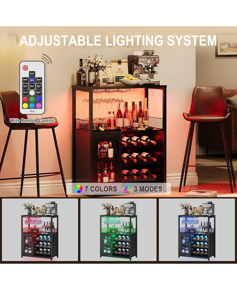 gaomon 3-Tier Wine Bar Cabinet with Led Lights, Detachable Wine Rack, Glass Holder, and Mesh Door for Kitchen, Living Room