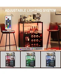 gaomon 3-Tier Wine Bar Cabinet with Led Lights, Detachable Wine Rack, Glass Holder, and Mesh Door for Kitchen, Living Room