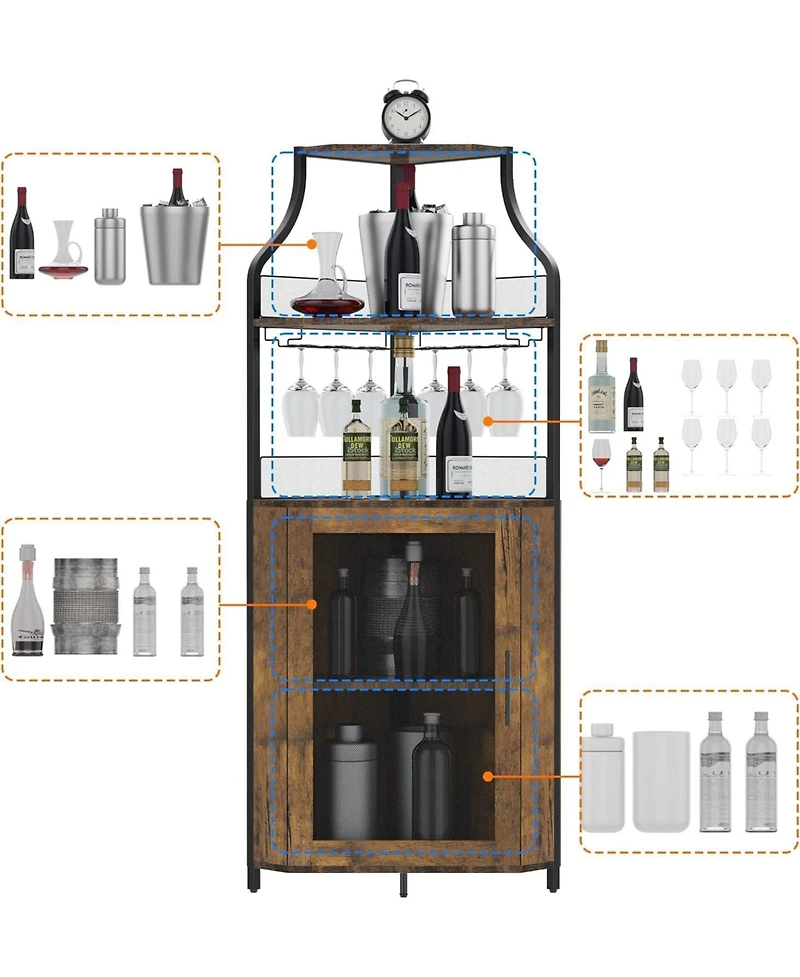 Gaomon Brown Wooden Farmhouse Wine Bar Corner Cabinet with Detachable Rack, Mesh Door, Glass Rack, and Storage