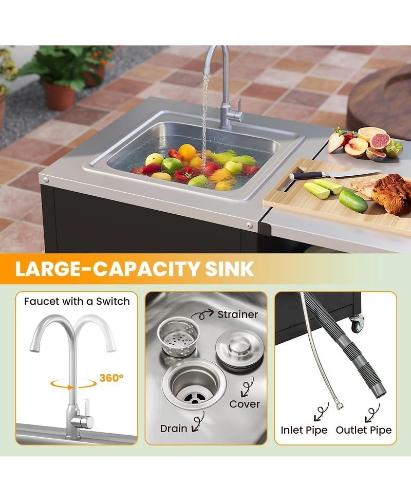 Mecale Heavy-Duty Outdoor Grill Table Cart with Sink and Drainage, Metal Prep Station