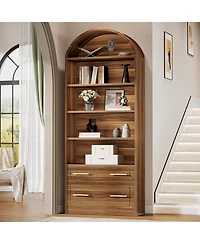 Tribesigns 76.8" Tall Arched Bookcase Set of 2, 5-Tier Bookshelf with File Cabinet Drawer, Modern Freestanding Wooden Bookshelves, Storage Shelve