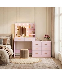 gaomon Large Vanity Desk with Mirror and Lights, Makeup Dressing Table Set with 8 Wide Storage Drawers, 2 Tier Shelves, Adjustable Lighting