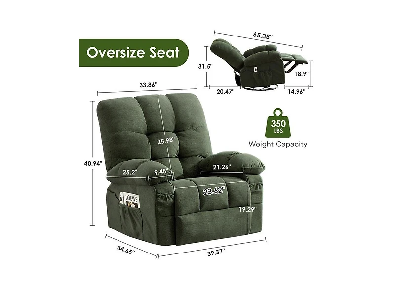 Clihome Oversized Swivel Recliner Chair with Vibration Massage & Lumbar Heating, 350 lbs Capacity, Rocker Single Sofa Side Pocket