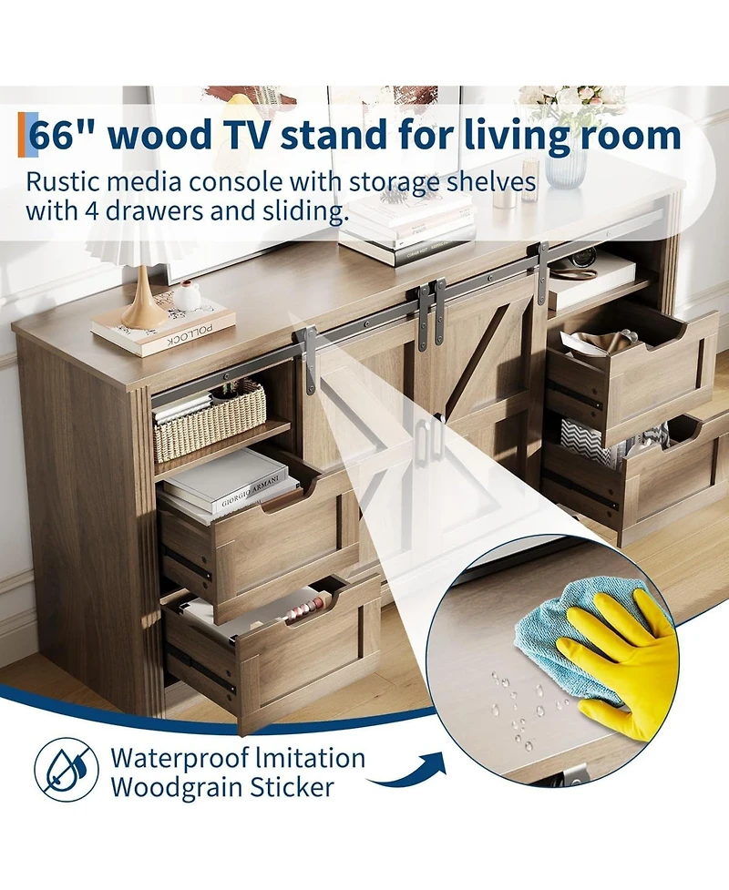 Gaomon Modern Tv Stand for TVs Up to 70", 66" Entertainment Center with 4 Drawers & Sliding Barn Door, Wooden Media Console Table for Living