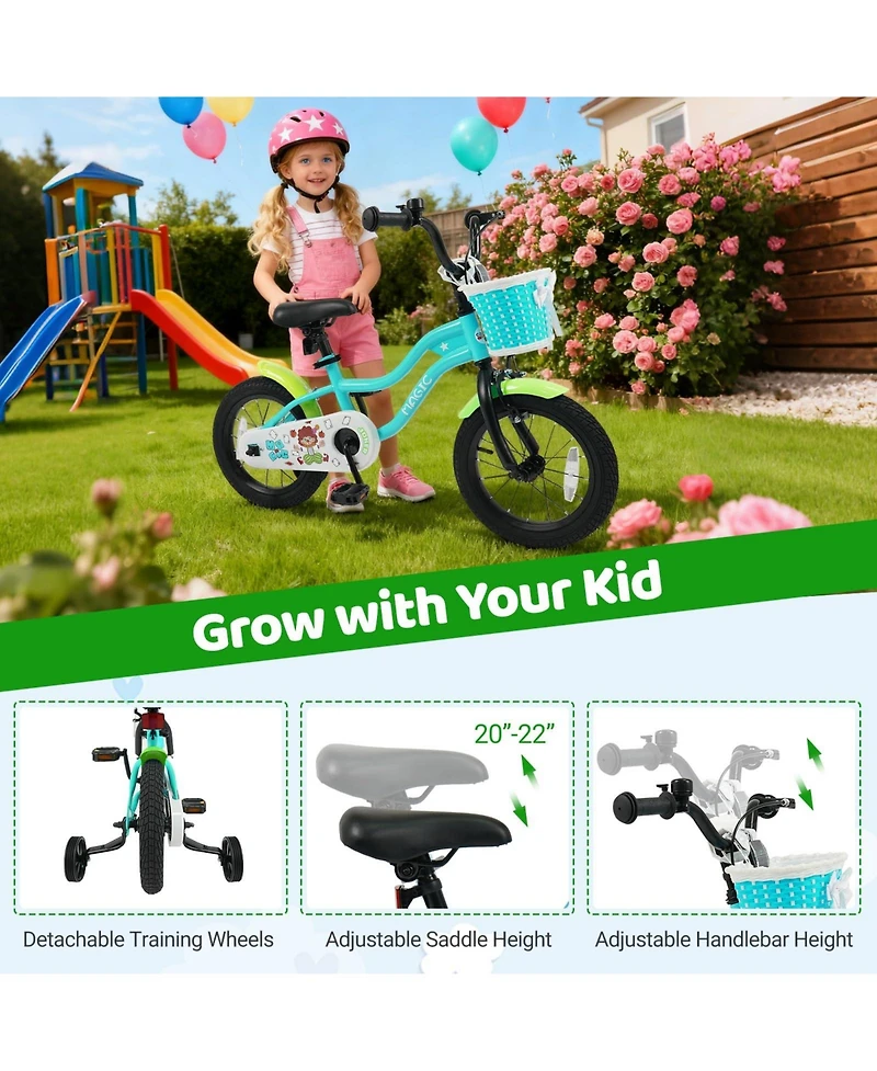 Mecale 14 Inch Kids Bike with Training Wheels and Basket Green Color-14