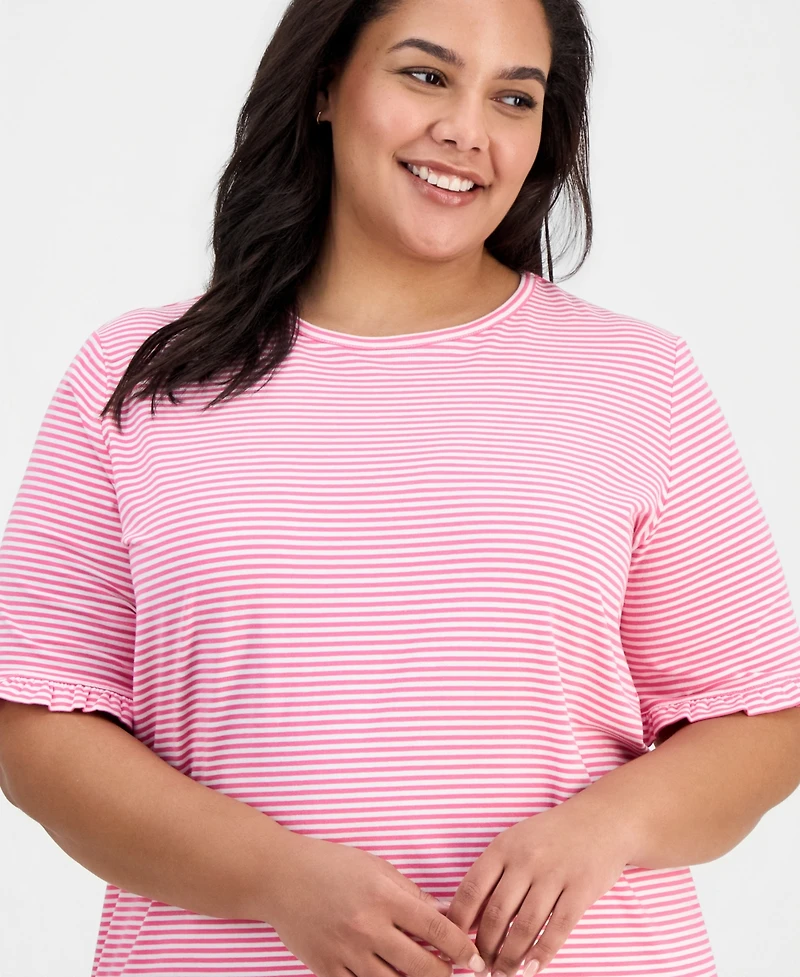 Jones New York Plus Size Striped Ruffle-Sleeve Tee