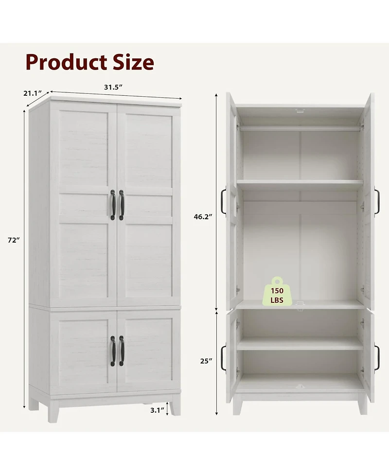 gaomon Armoire Wardrobe Closet with 4 Doors, 72 in Wooden Wardrobe Cabinet with Hanging Rod