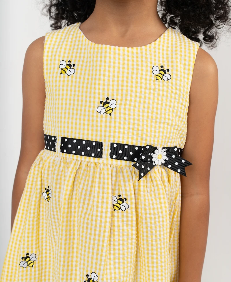 Rare Editions Girls' 2T-6X Yellow Bee Schiffli Seersucker Dress