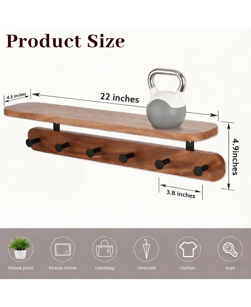 Yigii Walnut Wood Shelf & Hooks Organizer for Entryway