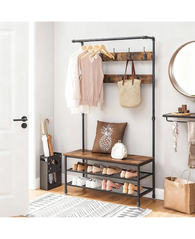 Yigii Rustic Industrial Hallway Storage Bench with Hooks and Shelves