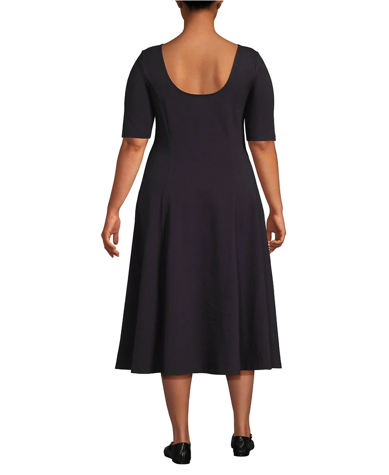 Lands' End Plus Starfish Elbow Sleeve Midi Fit and Flare Dress