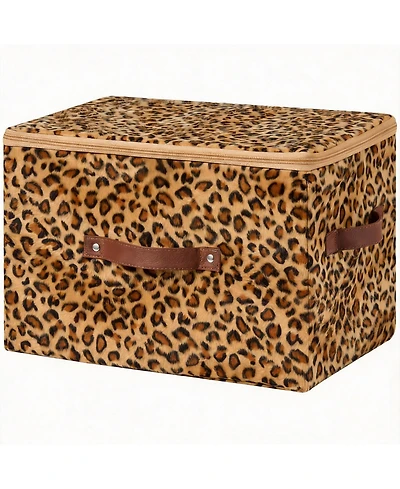 Yigii Leopard Print Storage Bin with Zipper Lid, Pu Leather Handles, Pp Plastic Board, Foldable, Washable,Large