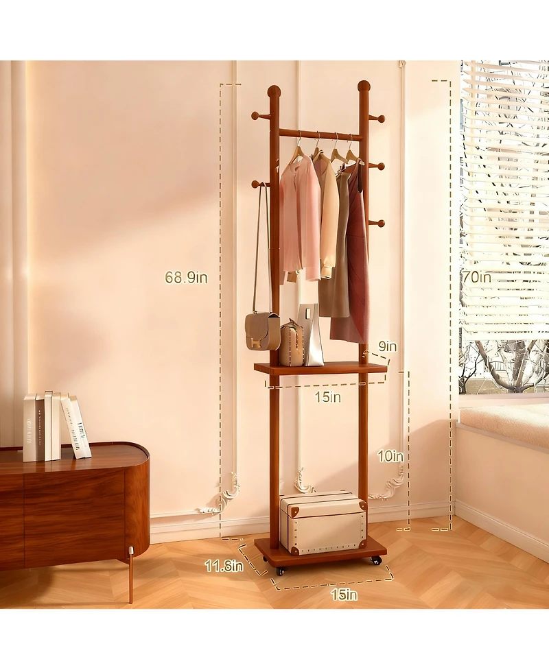 Yigii Solid Wood Walnut Coat Rack with Wheels & Shelves for Home