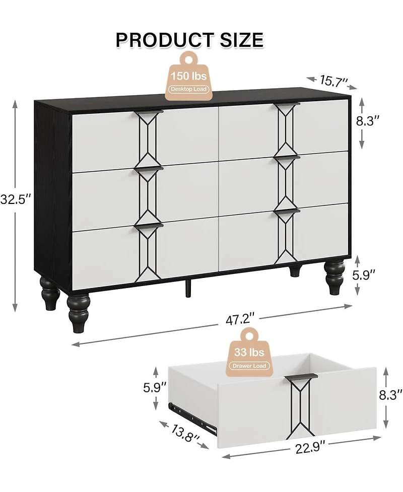 Gaomon Wooden 6 Drawer Dresser with Vintage Pattern Design, Modern Chest Dresser with Deep Drawers for Bedroom, Living Room, Entryway