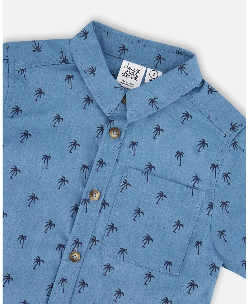 Deux par Big Boys Short Sleeve Chambray Shirt Blue Palm Print