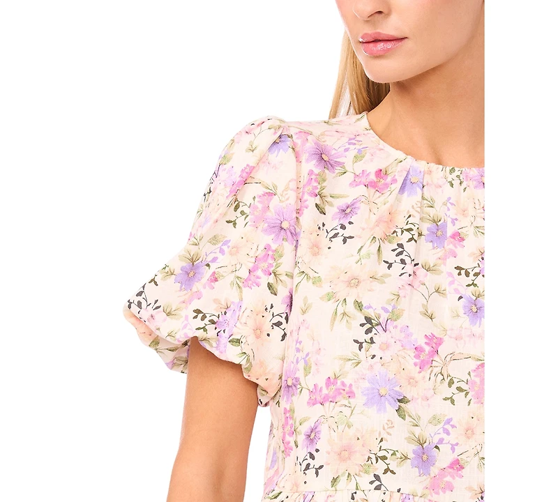 CeCe Women's Puff Sleeves Shirred Crew Neck Peplum Top