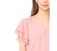 CeCe Women's V-Neck Double Flutter Sleeves Top