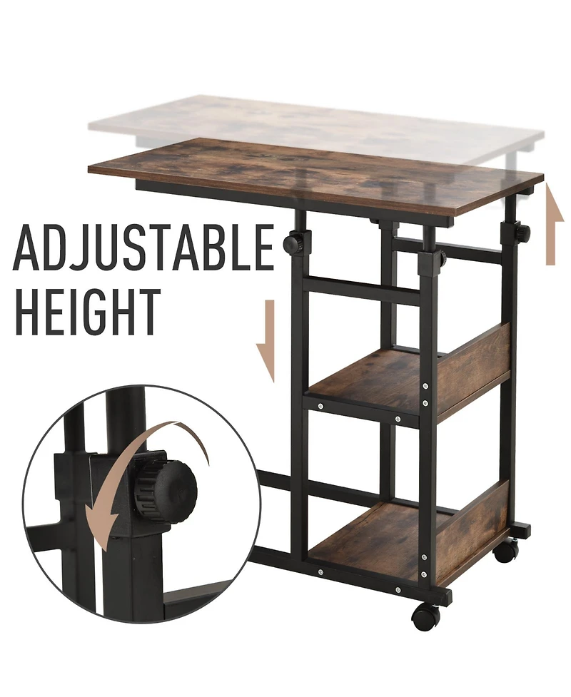 Homcom C-Shaped Mobile Sofa Bed Side Table Adjust Height 3-Tier Cart w/ Brake