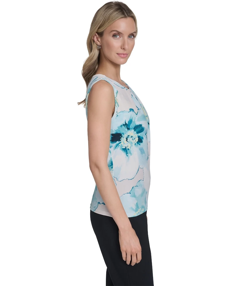 Calvin Klein Women's Printed Mesh Crewneck Ruched Top