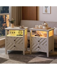 gaomon Led Night Stand with 2 Storage Drawers and Stable Wooden Legs，Farmhouse Nightstand w/V-Shaped Design，Wooden Rustic Bedside Table