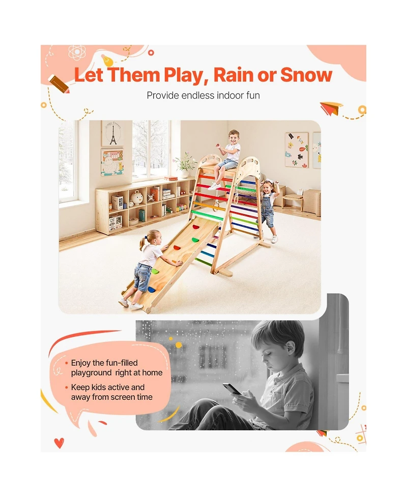 Slickblue Indoor Playground Jungle Gym, 4-in-1 Wooden Indoor Playground Playset with Climbing Rock, Slide, Wooden Ladder & Gym Rings