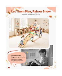 Slickblue Indoor Playground Jungle Gym, 4-in-1 Wooden Indoor Playground Playset with Climbing Rock, Slide, Wooden Ladder & Gym Rings