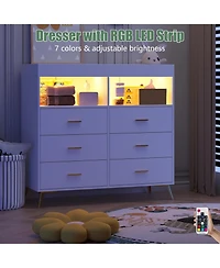 gaomon Dresser for Bedroom with 6 Drawers, Multi-Functional Nursery Dresser with Led Lights & Charging Station