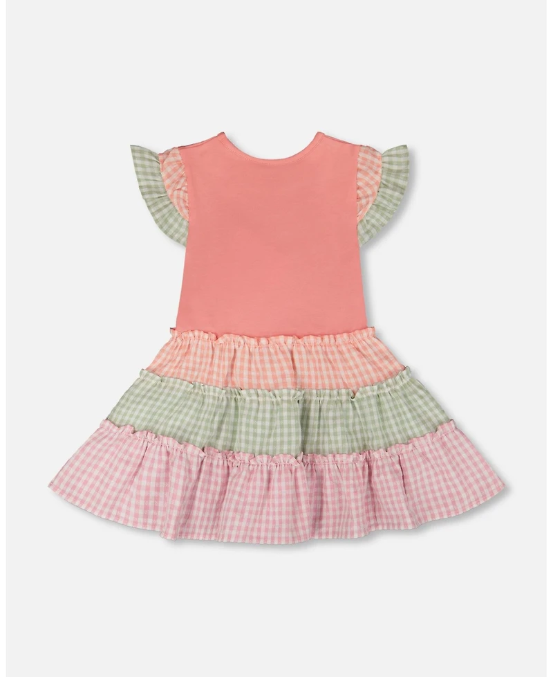 Deux par Big Girls Cotton Bi-Material Dress peach and Gingham