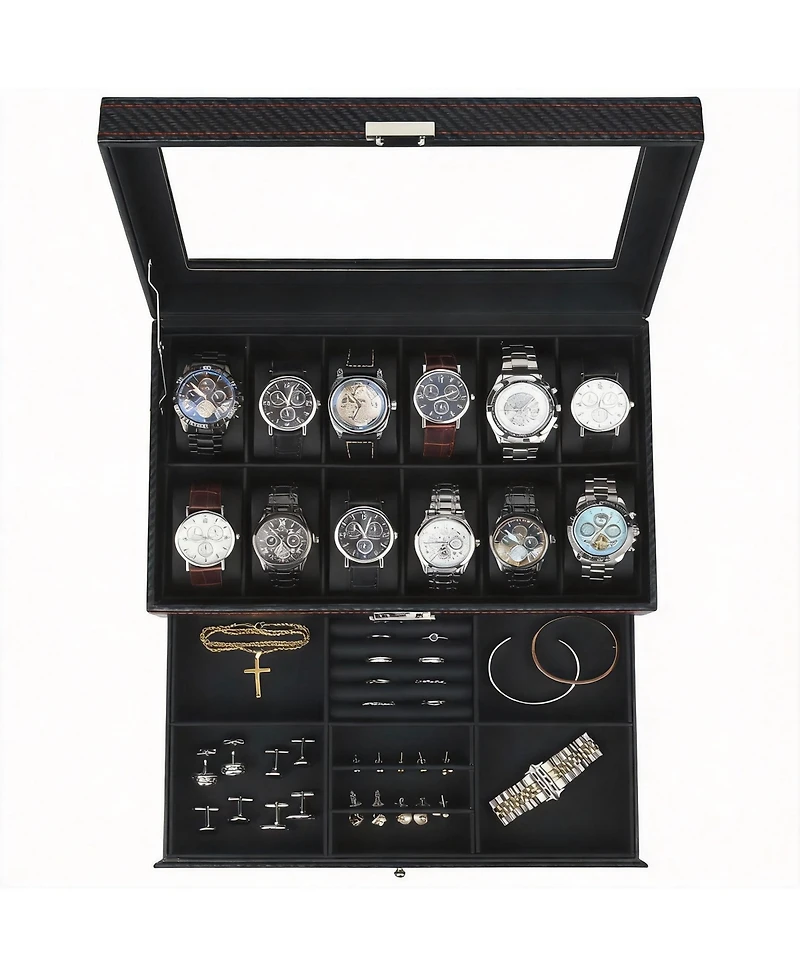 Yigii Premium Leather Watch & Jewelry Organizer with Glass Lid