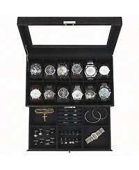 Yigii Premium Leather Watch & Jewelry Organizer with Glass Lid