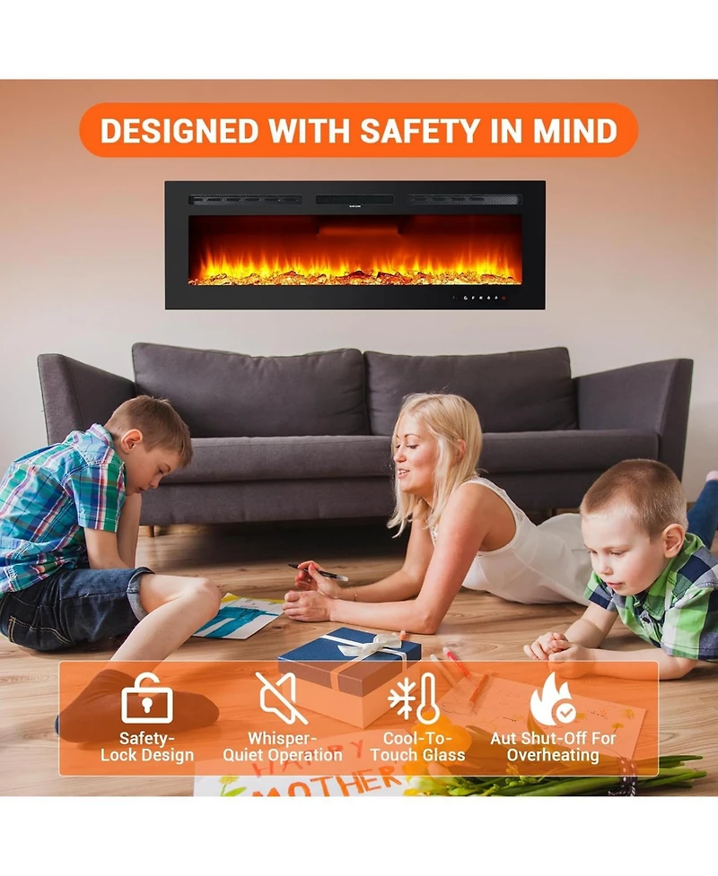Gaomon 60" Wall-Mounted Electric Fireplace with Heater, 750/1500W, 12 Flame Colors, Remote & WiFi, Slim Recessed Design