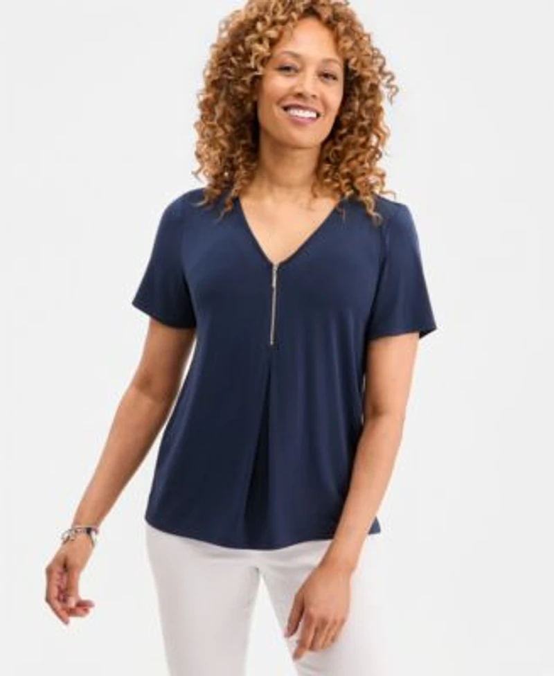 Jm Collection Womens V Neck Front Zip Pleated Top Macys Exclusive
