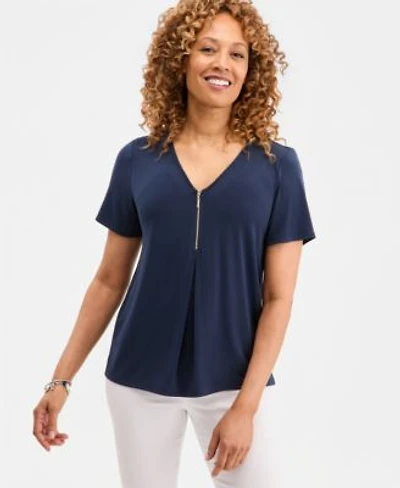 Jm Collection Womens V Neck Front Zip Pleated Top Macys Exclusive