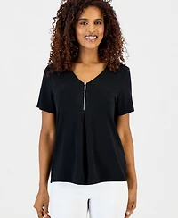 Jm Collection Women's V-Neck Front-Zip Pleated Top, Macy's Exclusive