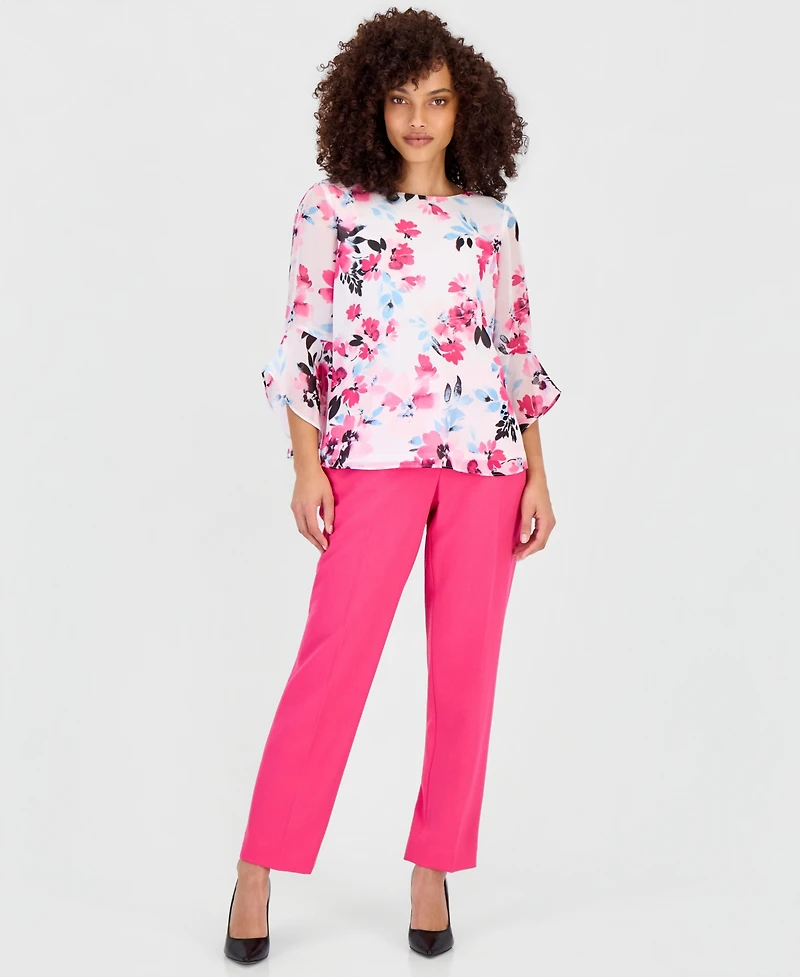 Kasper Petite Floral 3/4-Sleeve Ruffled-Cuff Blouse