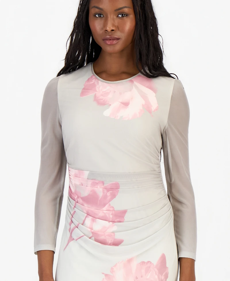 Anne Klein Petite Ruched Printed Mesh Midi Dress