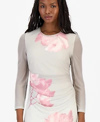 Anne Klein Petite Ruched Printed Mesh Midi Dress