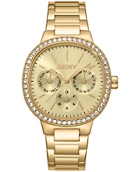 Dkny Women's Champagne Dial Crystal Bezel Gold-Tone Stainless Steel Bracelet Multifunctional Watch, 36mm