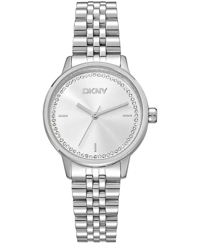 Dkny Women's Silver Crystal Accented Dial Stainless Steel Bracelet Watch, 30mm