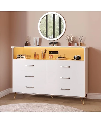 gaomon 6 Drawer Dresser with Led Lights and Charging Station,Modern Wood Tv Stand Storage Chest for Bedroom Living Room Entryway Hallway