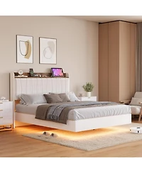 gaomon Floating Bed Frame with Led Lights & Usb Charging Station – Modern Upholstered Platform Headboard, Solid Wood Slats Support