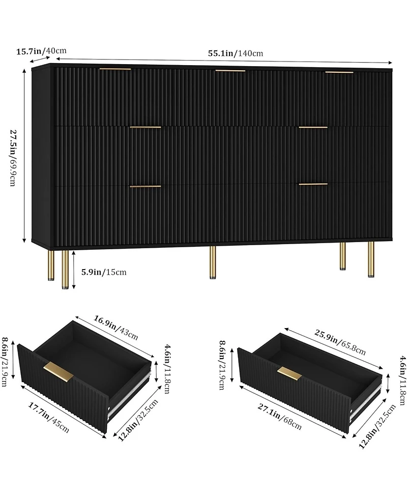 gaomon 7 Drawer Dresser, 55" Wide Fluted Dresser with Drawers, Modern Wooden Double Dressers Metal Handles for Living
